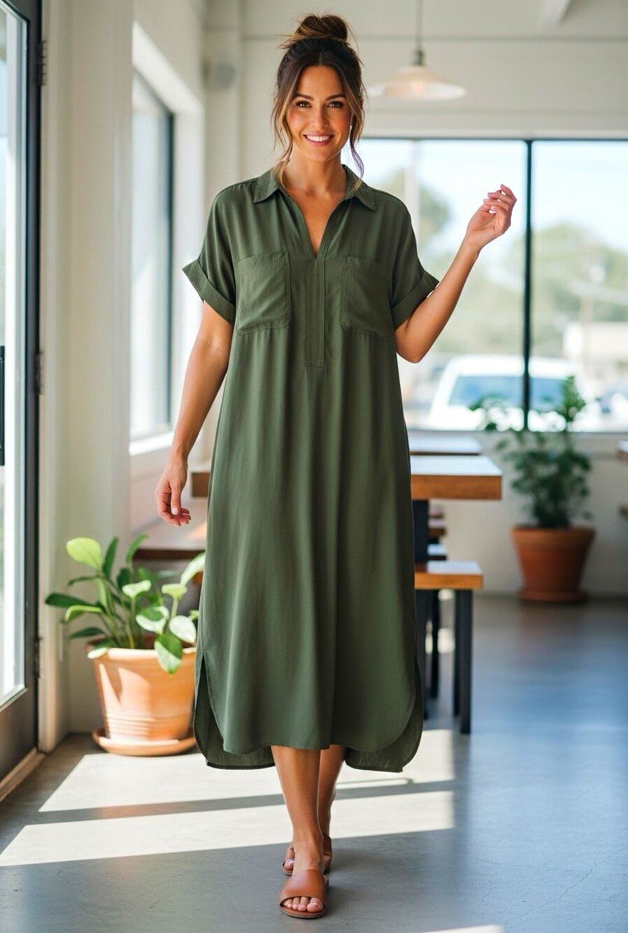 NWT Max Studio Women's Olive Green Utility Dress Size L Lagenlook Minimalist